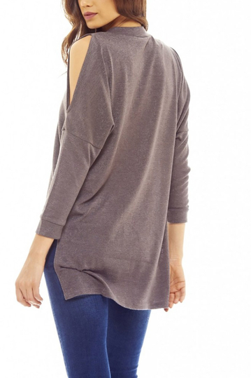 Πλεκτή μακριά μπλούζα γκρι με σκίσιμο στα μανίκια