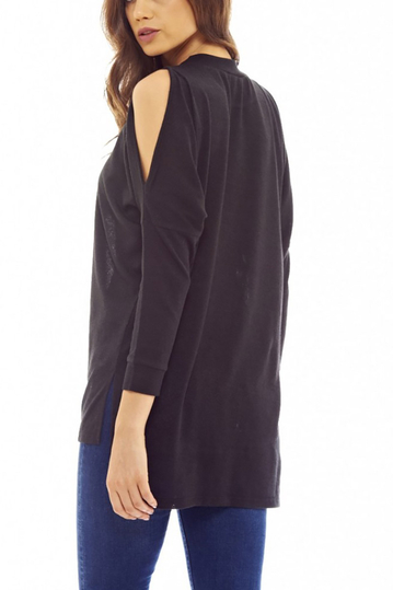 Πλεκτή μακριά μπλούζα μαύρη με σκίσιμο στα μανίκια