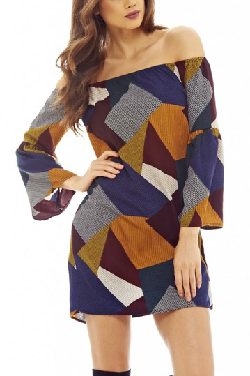 Μπαρντό φόρεμα ριχτό πολύχρωμο με καμπάνα μανίκια