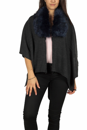 Faux-fur collar cape grey