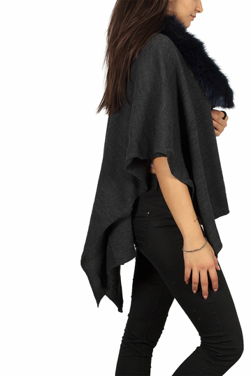 Faux-fur collar cape grey