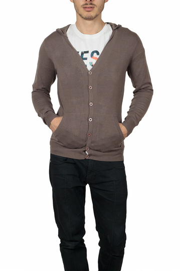 Πλεκτή ζακέτα καφέ με κουκούλα