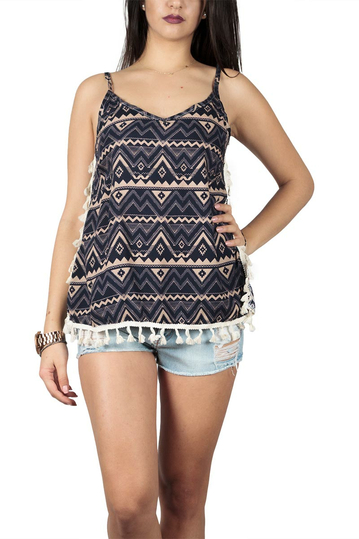 Tassel strap top with ethnic print