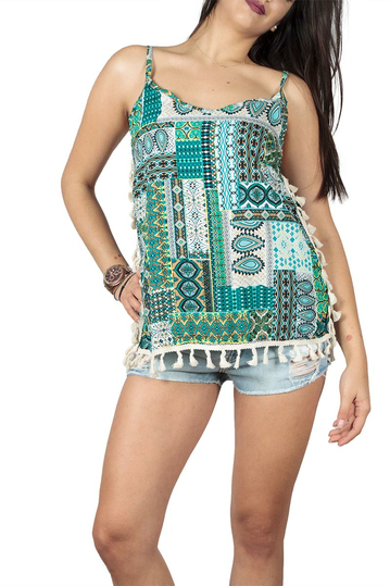 Tassel strap top with ethnic print green