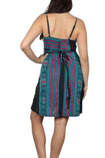 Strappy A-line mini dress bue with ethnic print