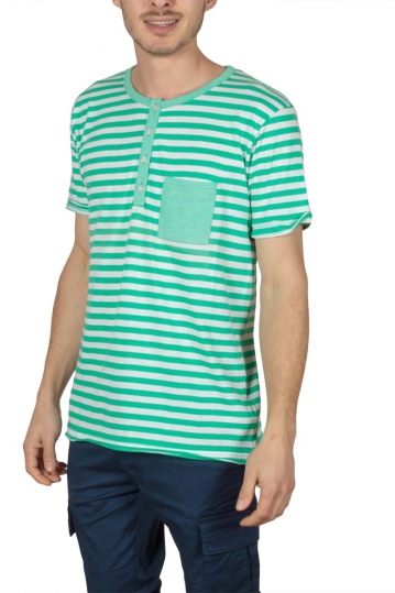 Men's striped button-down t-shirt in green-white