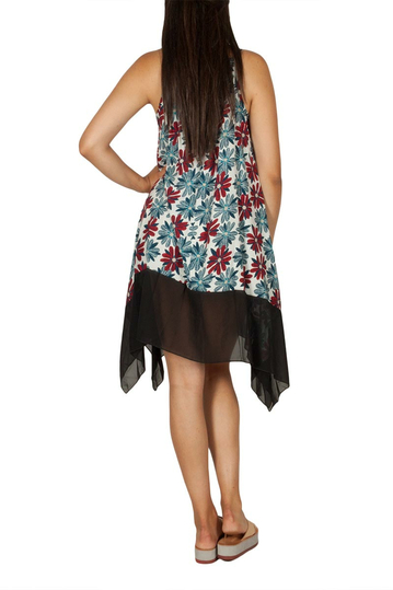 Asymmetrical strap dress with red daisy print