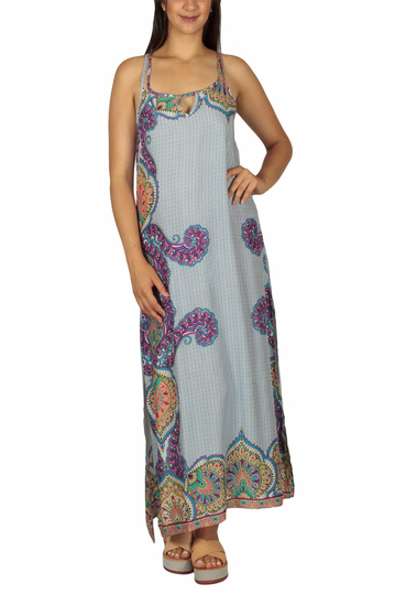 Maxi strap dress light blue with retro print