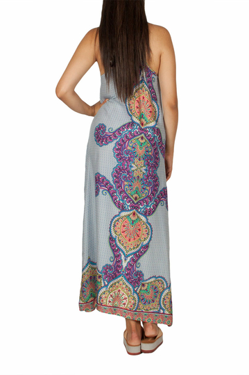 Maxi strap dress light blue with retro print