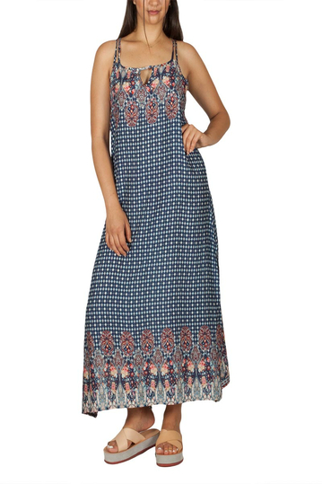 Maxi strap dress blue with retro print