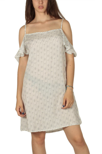 Printed strap dress white-blue with ruffle sleeves