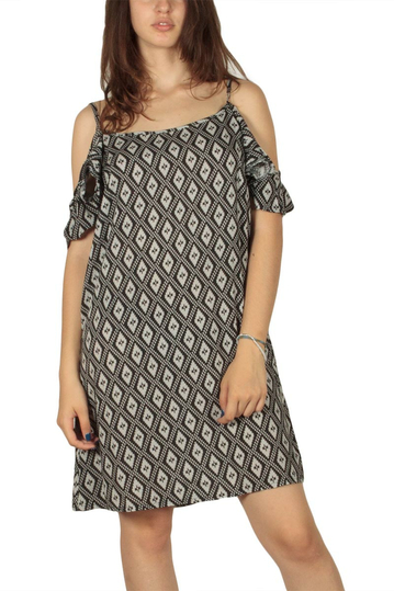 Diamond printed strap dress black with ruffle sleeves