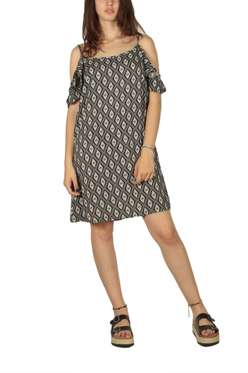 Diamond printed strap dress black with ruffle sleeves