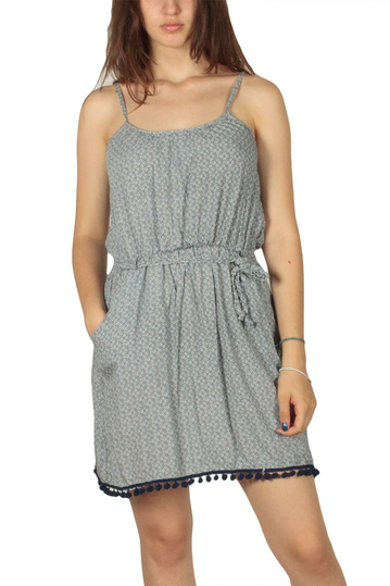 Printed mini dress blue with pom pom