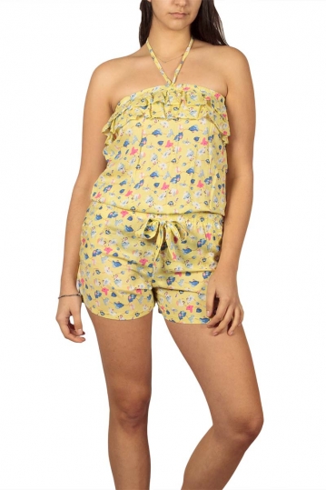 Strapless playsuit yellow floral with ruffle trim