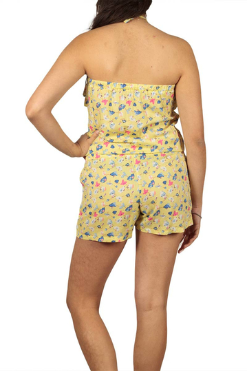 Strapless playsuit yellow floral with ruffle trim
