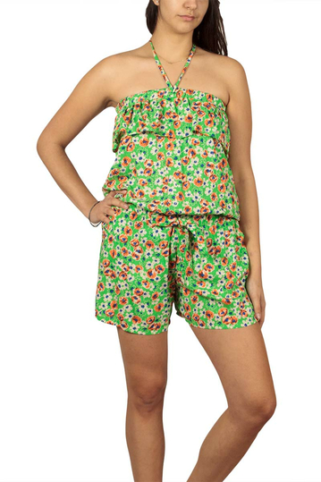 Strapless playsuit green floral with ruffle trim