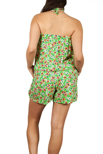 Strapless playsuit green floral with ruffle trim