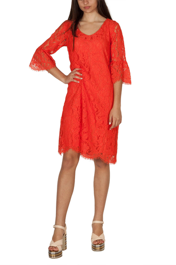 Soft Rebels Pia έντονο κοραλί φόρεμα δαντέλα με καμπάνα μανίκια