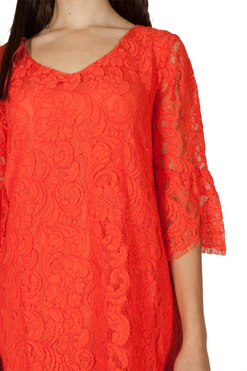 Soft Rebels Pia έντονο κοραλί φόρεμα δαντέλα με καμπάνα μανίκια