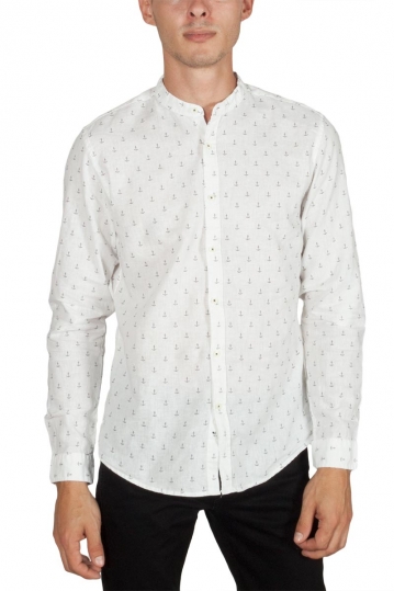 Hashtag long sleeve linen-mix shirt white with anchor print