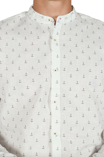 Hashtag μακρυμάνικο linen-mix πουκάμισο λευκό με άγκυρες