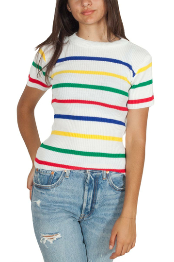 Daisy Street rainbow stripe short sleeve knitted top