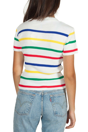 Daisy Street rainbow stripe short sleeve knitted top