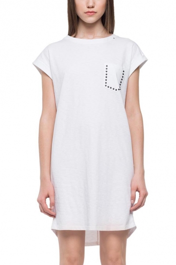 Replay jersey dress with studded chest pocket white