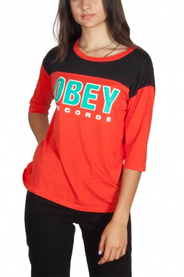 Obey Records 3/4 sleeve tee red